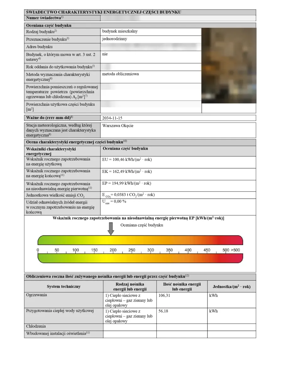 Pierwsza strona świadectwa charakterystyki energetycznej, dane budynku zamazane